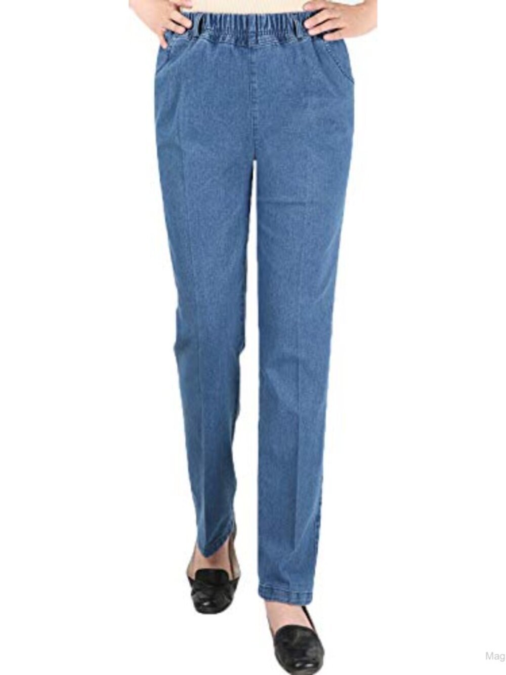 Women's Straight Leg Pull On Jeans, Elastic Waist, Cotton Blend, Casual